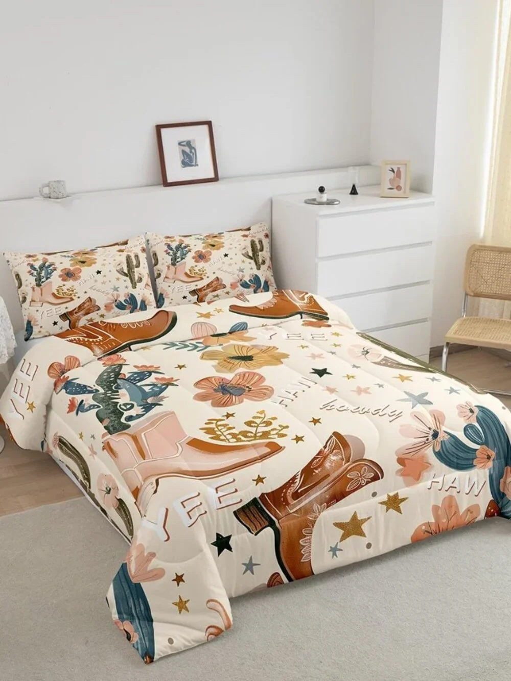 Cowgirl Comforter Set Queen Size, Country Western Cowboy Boots Brown Bedding Set
